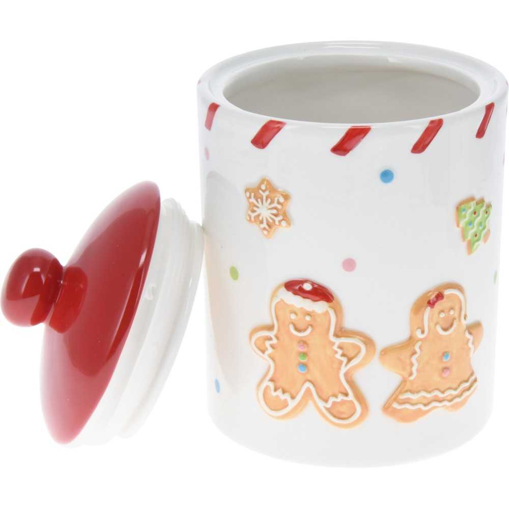 A festive white cookie jar with red lid, featuring cheerful gingerbread figures and holiday decor.