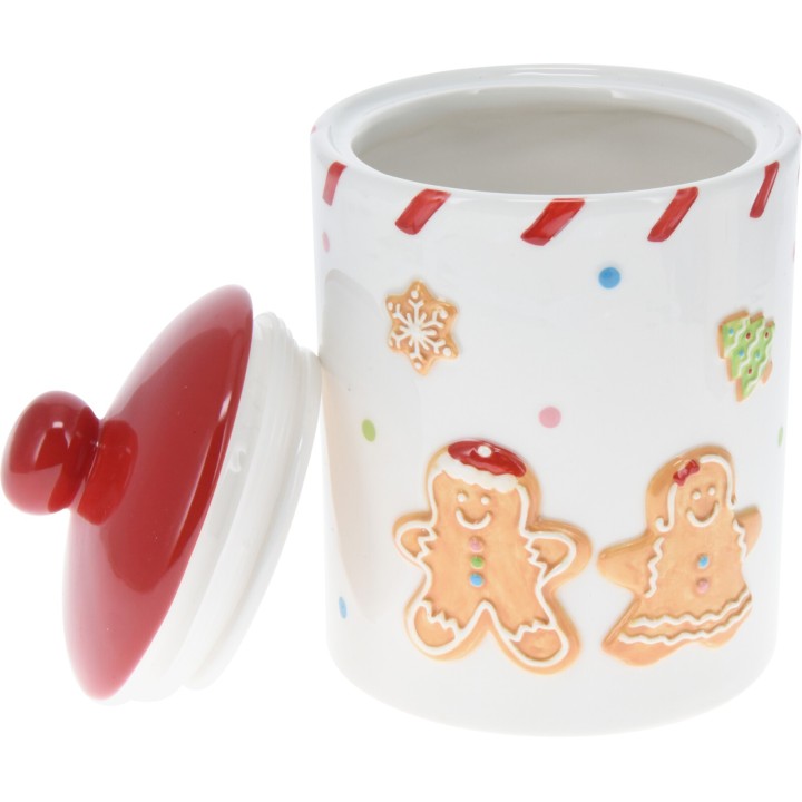 Witte koekjestrommel met rode deksel, versierd met gingerbreadfiguren en feestelijke motieven.