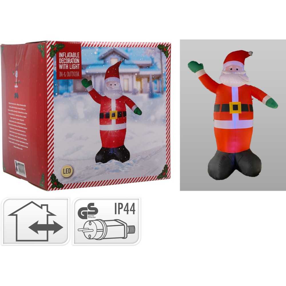 A cheerful inflatable Santa Claus in a red suit with a white beard, standing on a snowy background.