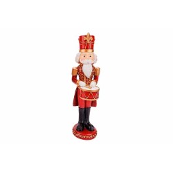 Kleurrijke kerstfiguur van een trommelende nutcracker in rood, goud en zwart.