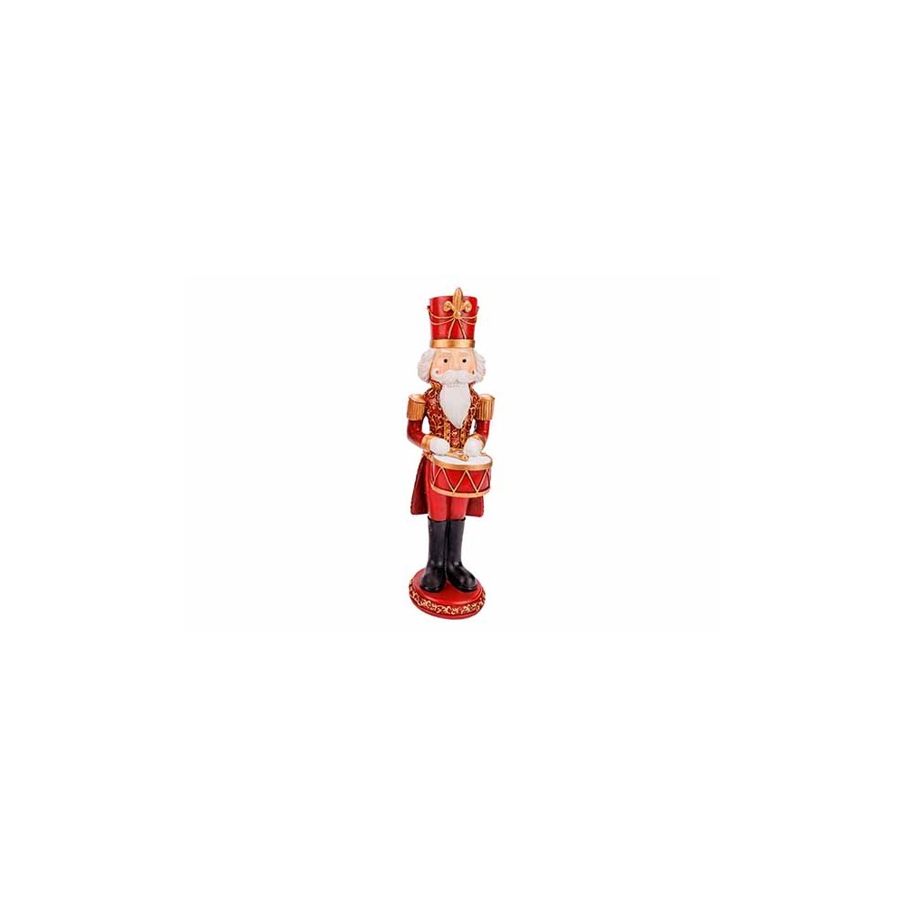 A festive nutcracker soldier in red and gold, holding a drum with a white beard and crown.