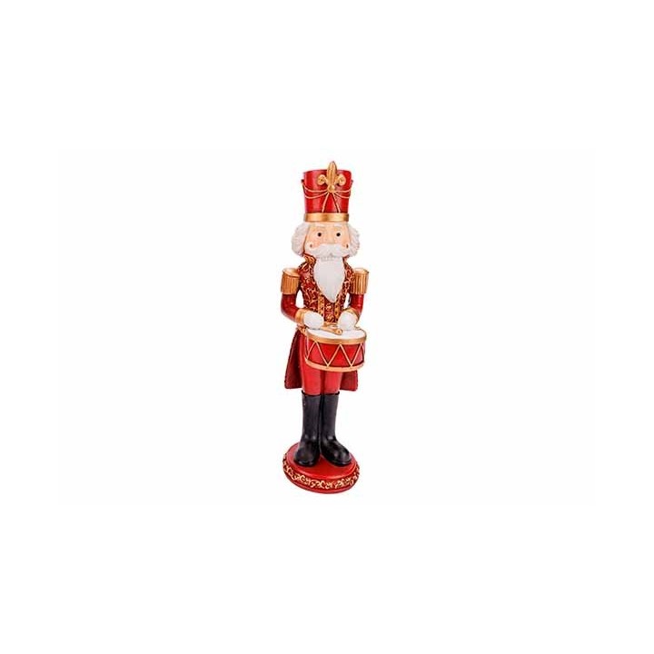 Kleurrijke kerstfiguur van een trommelende nutcracker in rood, goud en zwart.