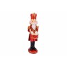 Kleurrijke kerstfiguur van een trommelende nutcracker in rood, goud en zwart.