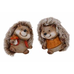 Two cheerful hedgehogs with fuzzy backs, one holding an acorn and wearing an orange vest.
