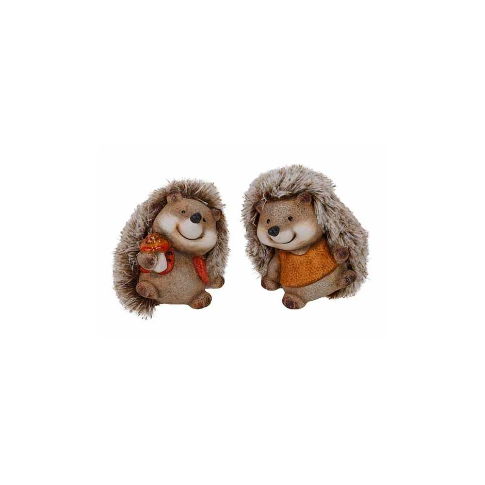 Two cheerful hedgehogs with fuzzy backs, one holding an acorn and wearing an orange vest.