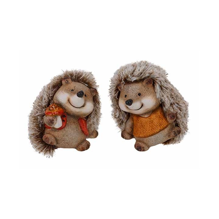 Two cheerful hedgehogs with fuzzy backs, one holding an acorn and wearing an orange vest.