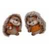 Two cheerful hedgehogs with fuzzy backs, one holding an acorn and wearing an orange vest.