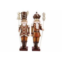 Twee houten notenkrakers in traditionele kostuums, met gedetailleerde versieringen en heldere kle...