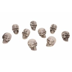 A collection of small, gray skulls with detailed features arranged in a scattered pattern.