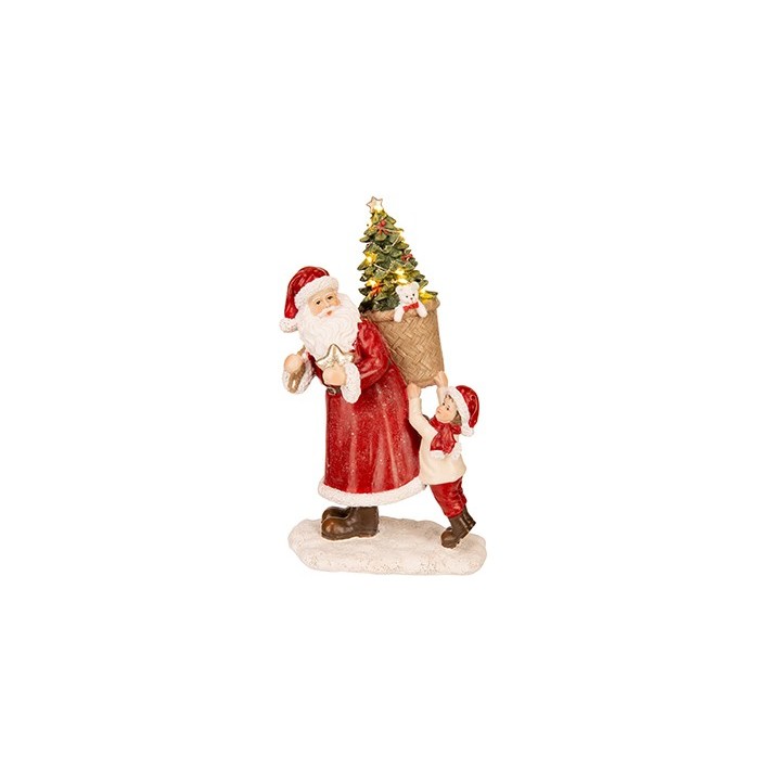 Kerstman in een rode mantel met een kind, beiden met kerstaccessoires en een boom in een mand.