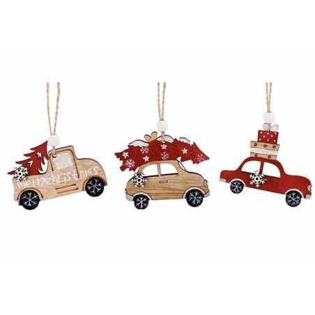 Three festive wooden car ornaments, each with colorful decorations and a cheerful holiday theme.