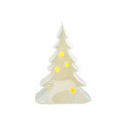 Witte kerstboom van glanzend materiaal met gele sterren, sfeervol en modern design.
