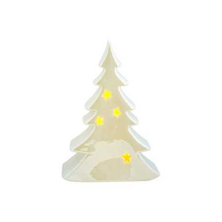 Witte kerstboom van glanzend materiaal met gele sterren, sfeervol en modern design.