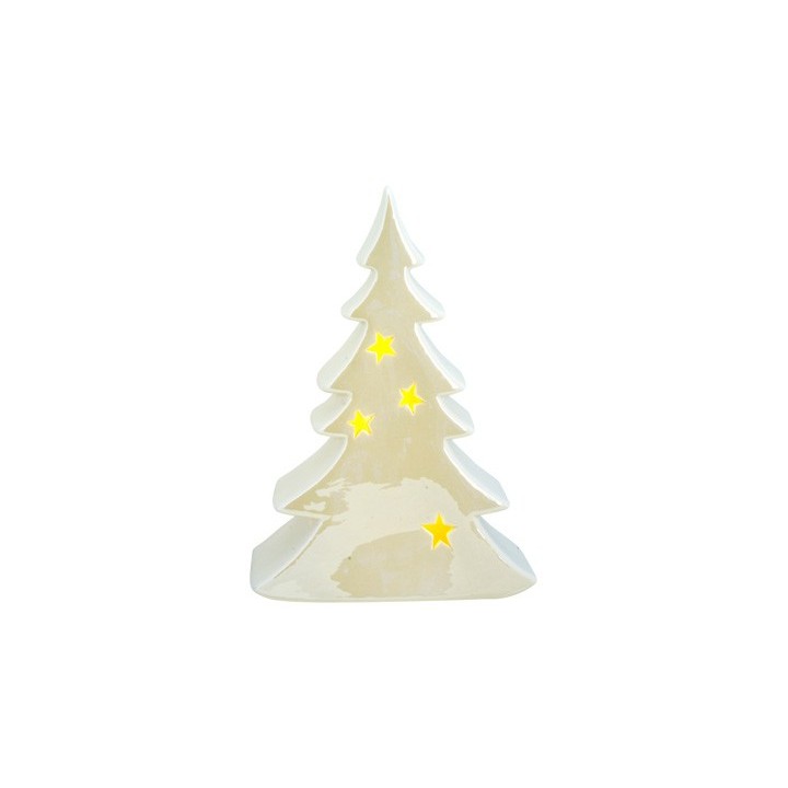 Witte kerstboom van glanzend materiaal met gele sterren, sfeervol en modern design.