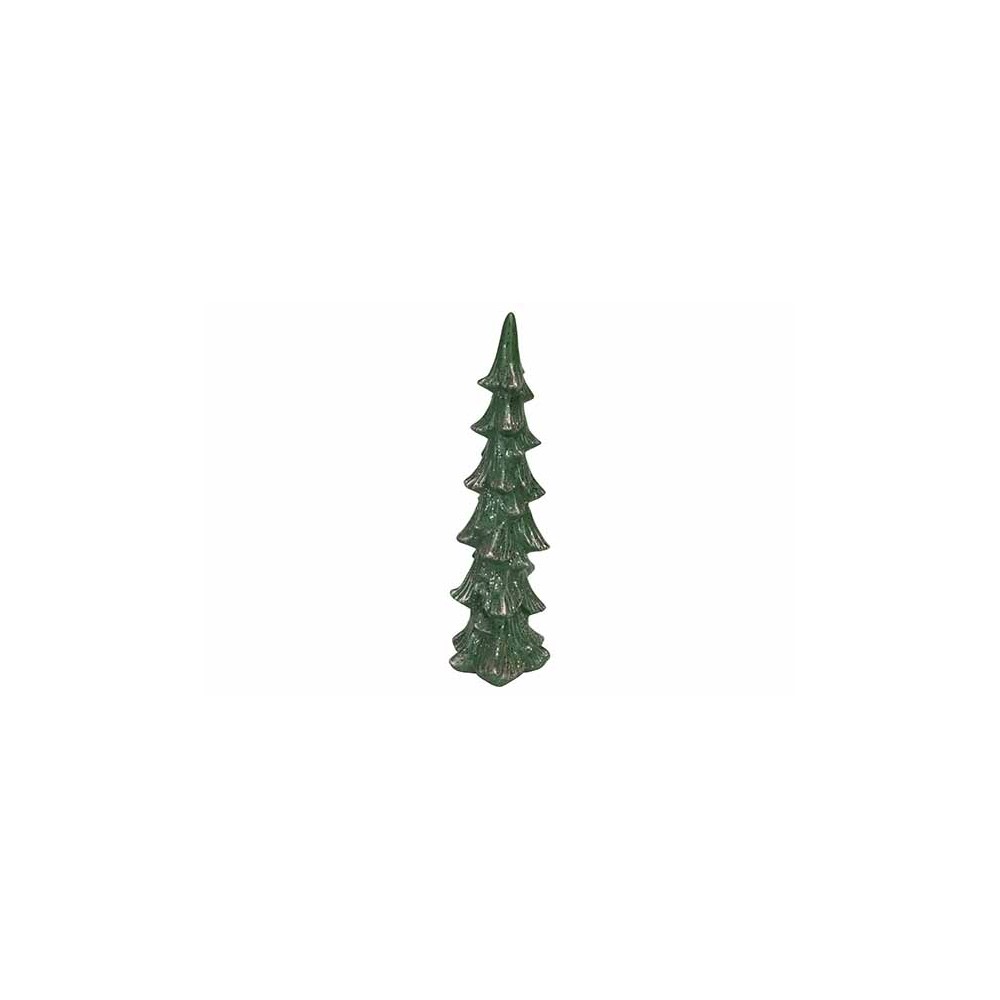A tall, glossy green ceramic Christmas tree with pointed branches.