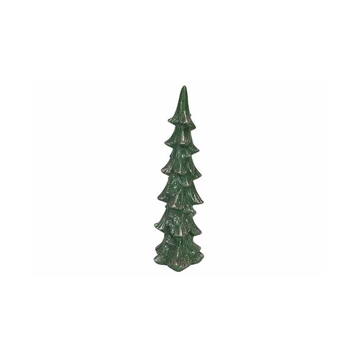 Groene, glanzende kerstboom van keramiek, met een speelse, puntige top en geribbelde takken.