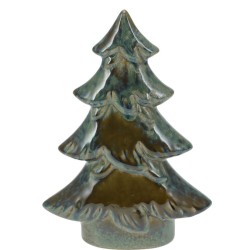 A glossy ceramic tree sculpture, layered with rich green and brown hues, resembling pine branches.