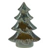 A glossy ceramic tree sculpture, layered with rich green and brown hues, resembling pine branches.