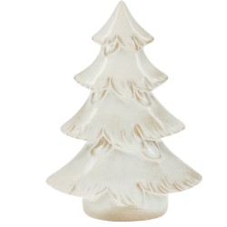 A smooth, white ceramic Christmas tree with layered, textured branches.