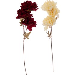 Two delicate artificial flower stems, one with deep red blooms and the other in soft cream, both ...