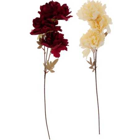 Twee lange takken met kunstbloemen: een dieprood en een zachte crème, met groene bladeren.