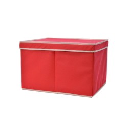 A bright red storage box with a simple, sturdy design and a lid.
