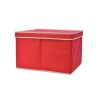 A bright red storage box with a simple, sturdy design and a lid.