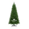 A tall, lush green artificial Christmas tree with a metal base.