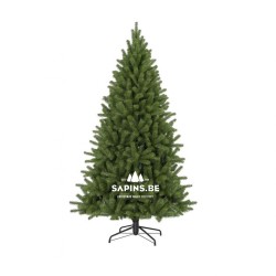 A lush green artificial Christmas tree with a sturdy black stand.