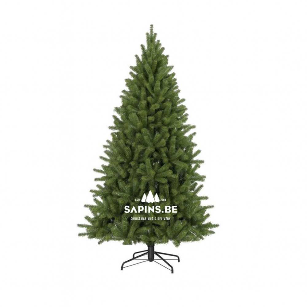 A lush green artificial Christmas tree with a sturdy black stand.