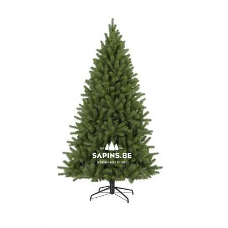 A lush green artificial Christmas tree with a sturdy black stand.