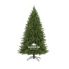A lush green artificial Christmas tree with a sturdy black stand.