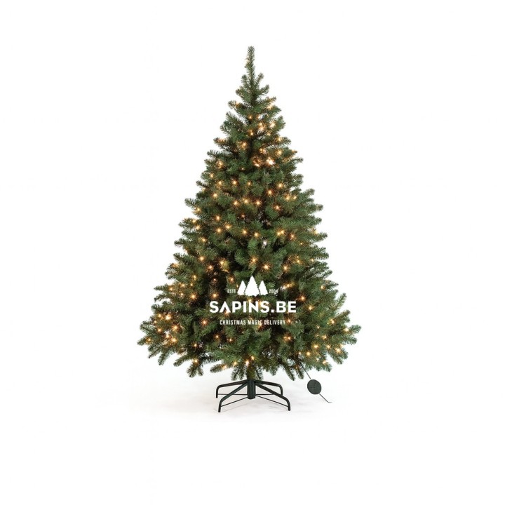 A lush green artificial Christmas tree adorned with warm white lights, standing on a black metal ...