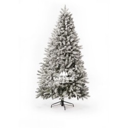 A snowy artificial Christmas tree with lush, frosted branches stands on a simple black base.