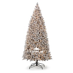 A tall, frosted Christmas tree with a snowy appearance and a sturdy black base.