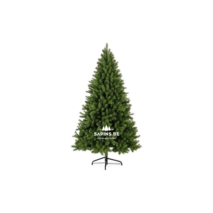Groene kunstkerstboom met een volle, natuurlijke uitstraling en een zwarte metalen standaard.