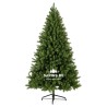 A lush, green artificial Christmas tree with a sturdy black metal stand.