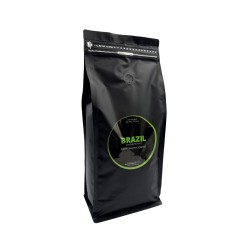 A sleek black bag of coffee with a bright green label reading "Brazil."