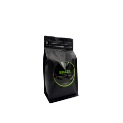Black coffee bag with a green label reading "BRAZIL" and a sleek, modern design.