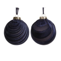 Two elegant navy blue velvet ornaments with textured stripes and decorative silver caps.