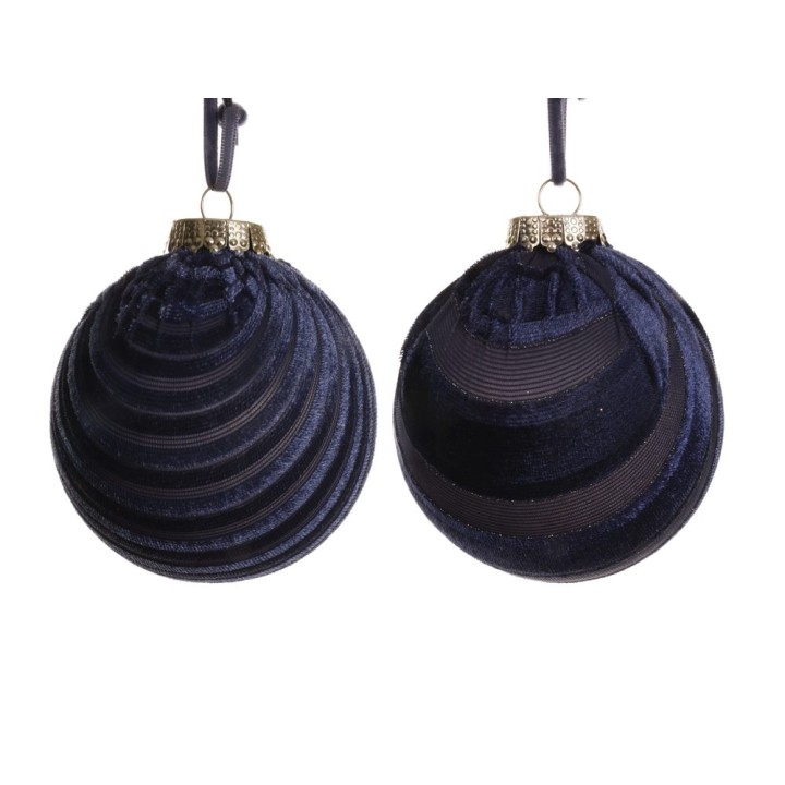 Two elegant navy blue velvet ornaments with textured stripes and decorative silver caps.