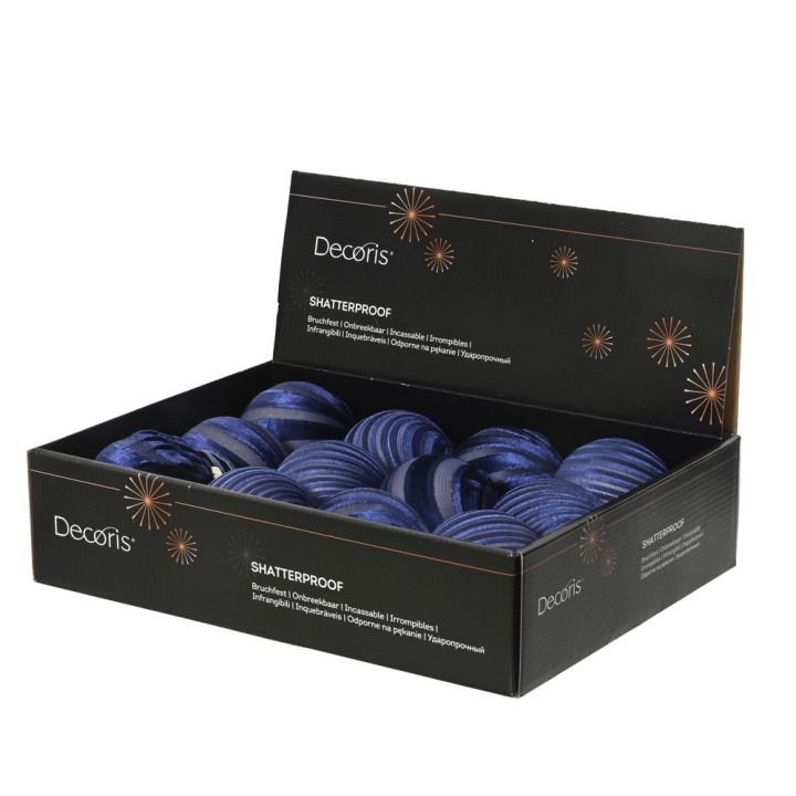A black box filled with shiny blue shatterproof ornaments in various round shapes.