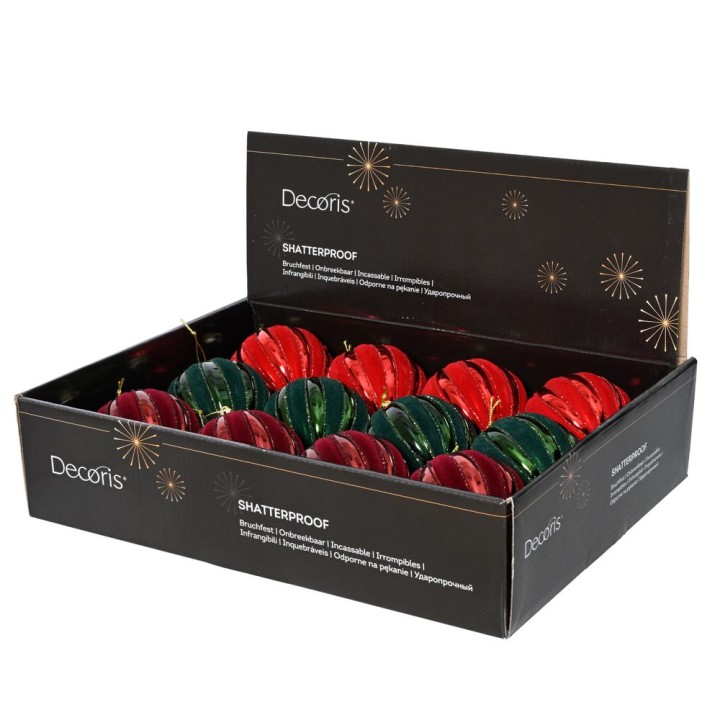 A box of shatterproof Christmas ornaments in red and green, neatly arranged and shiny.