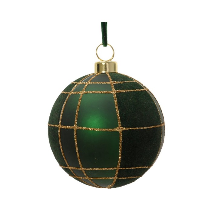 Donkergroene kerstbal met gouden lijnen in een geometrisch patroon. Glanzend en elegant.