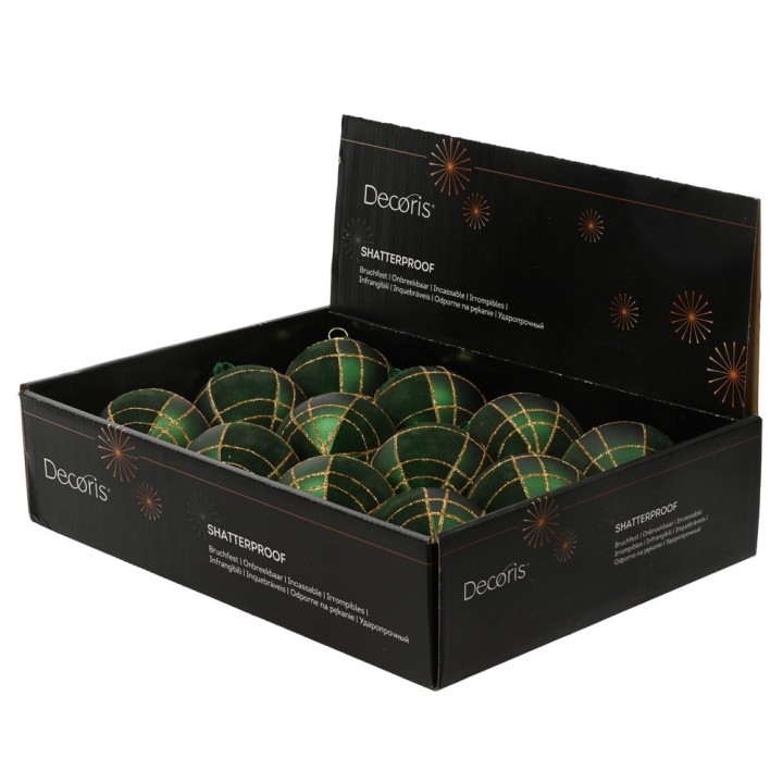A box of green, shatterproof ornaments with gold accents, neatly arranged inside.