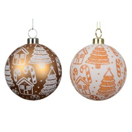 Two festive ornaments, one brown with white patterns and one white with orange designs, featuring...