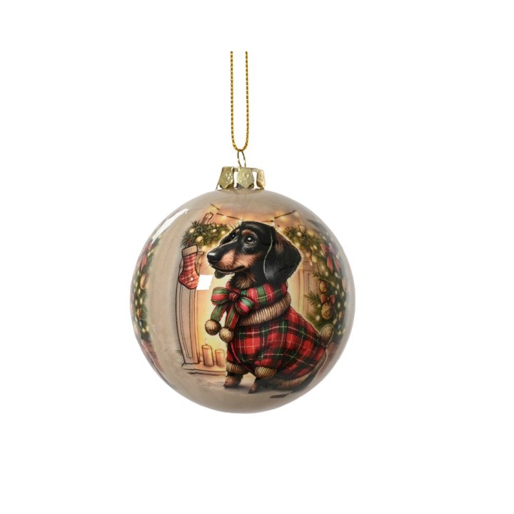 A festive ornament featuring a dachshund in a plaid scarf by a cozy fireplace.