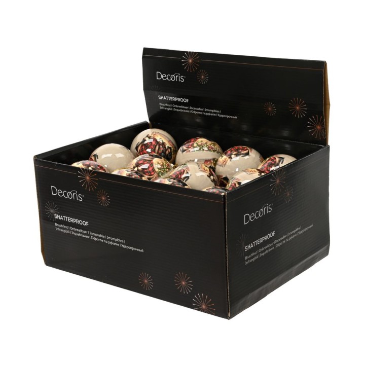 A black box filled with colorful, decorative shatterproof ornaments.