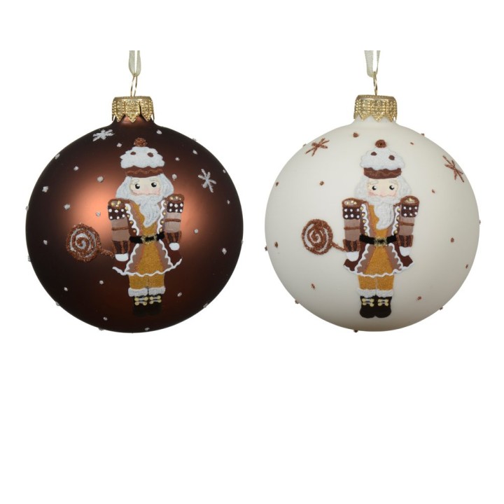 Two festive ornaments: one brown with a cheerful Santa and one white with a similar design.