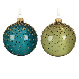 Two glossy, round ornaments in teal and olive green, adorned with gold speckles.